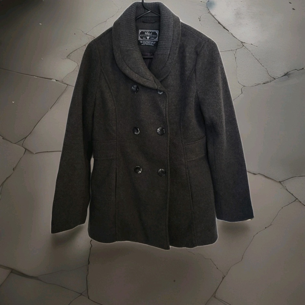 Hollyland Pea Coat Womens Medium Charcoal Grey Knit Shawl Collar Double Breasted